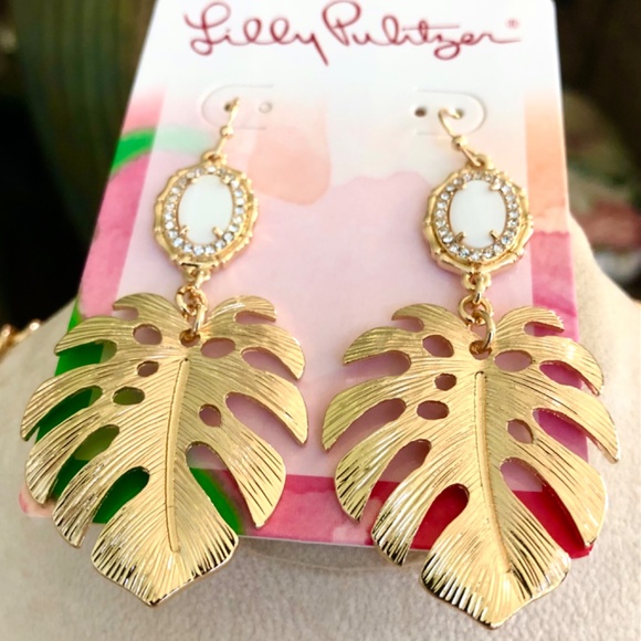 LILLY PULITZER EARRINGS NWT EXQUISITE MONSTERA LEAF  ⭐️ JUNGLE VIBE GOLD - Picture 6 of 10